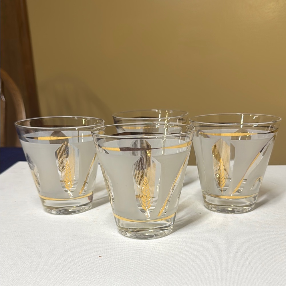 Fred Press Barware Signed Lowball Glasses Gold Wheat Set of 4 MCM